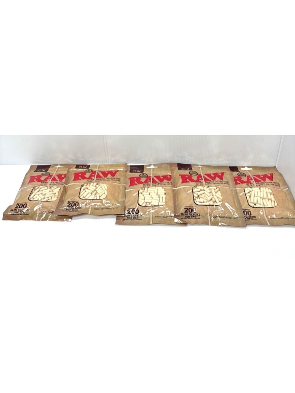 RAW Natural Unrefined Cotton Filters Slim, Approx. 200 Rolling Tips Bag - 5 Pack